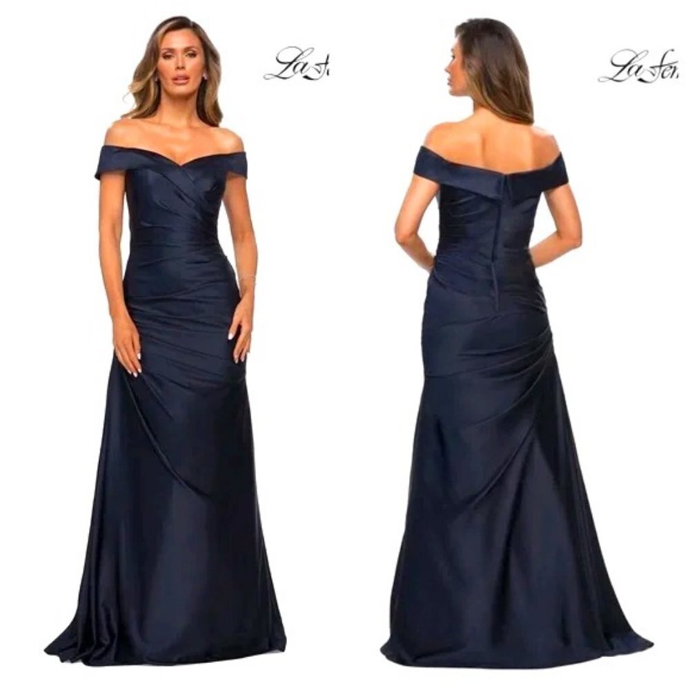 New LA FEMME Indigo Satin Maxi Formal Gown Off Shoulders Ruched 12 MSRP $495